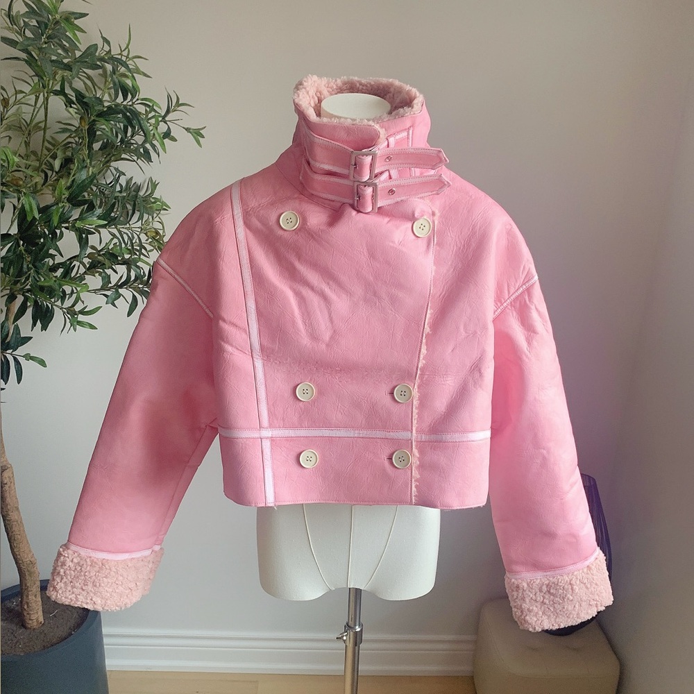 Pink Cropped Faux Leather Sherpa Jacket NWT L